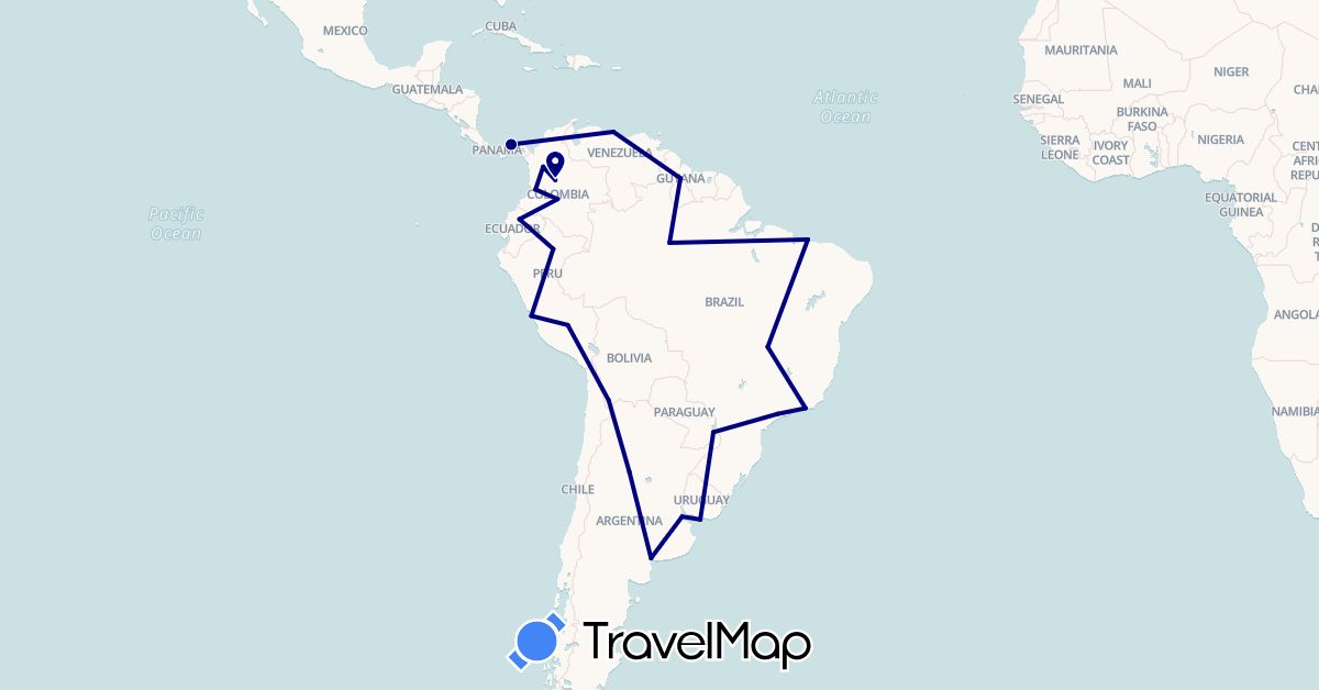 TravelMap itinerary: driving in Argentina, Bolivia, Brazil, Colombia, Ecuador, Guyana, Panama, Peru, Uruguay, Venezuela (North America, South America)