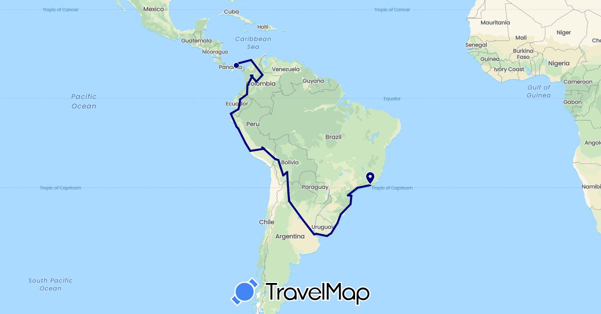 TravelMap itinerary: driving in Argentina, Bolivia, Brazil, Colombia, Ecuador, Panama, Peru, Uruguay (North America, South America)